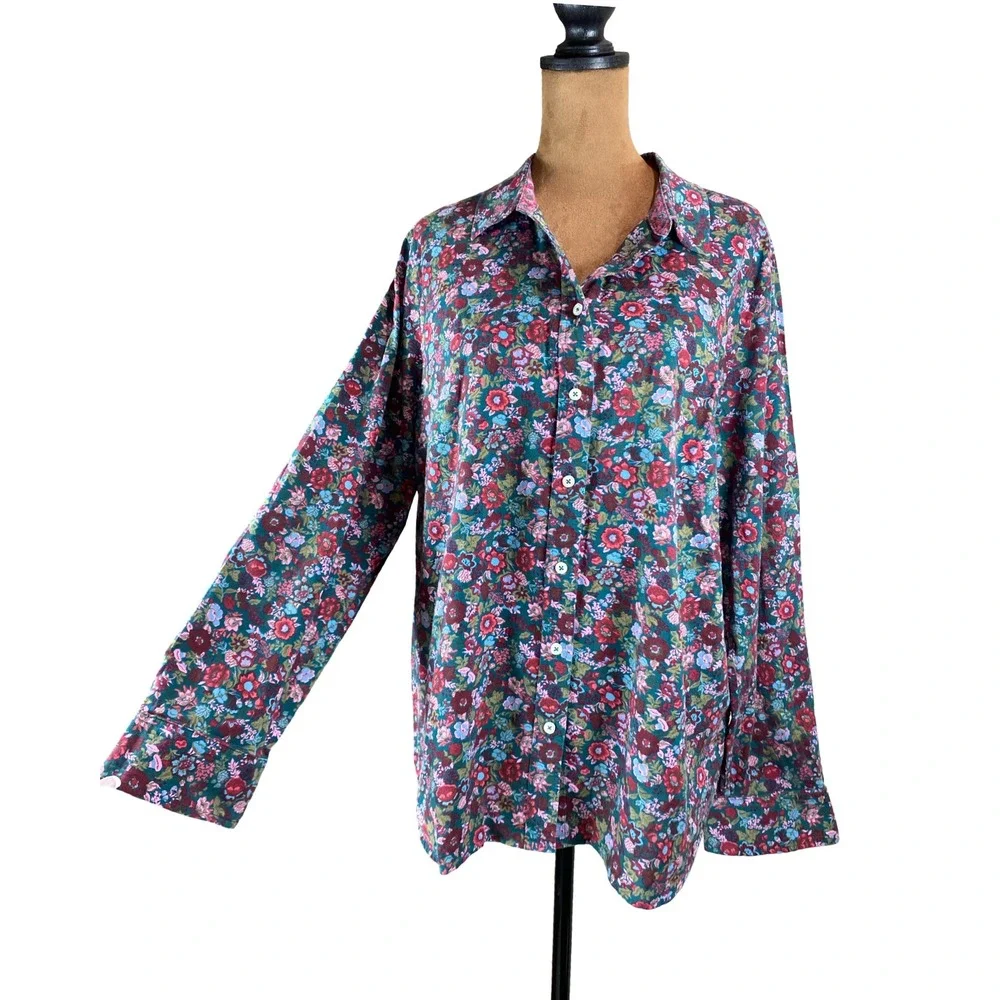 Talbots Womens Floral Button Down Shirt Teal Burgundy Cotton Rayon Size L Fall